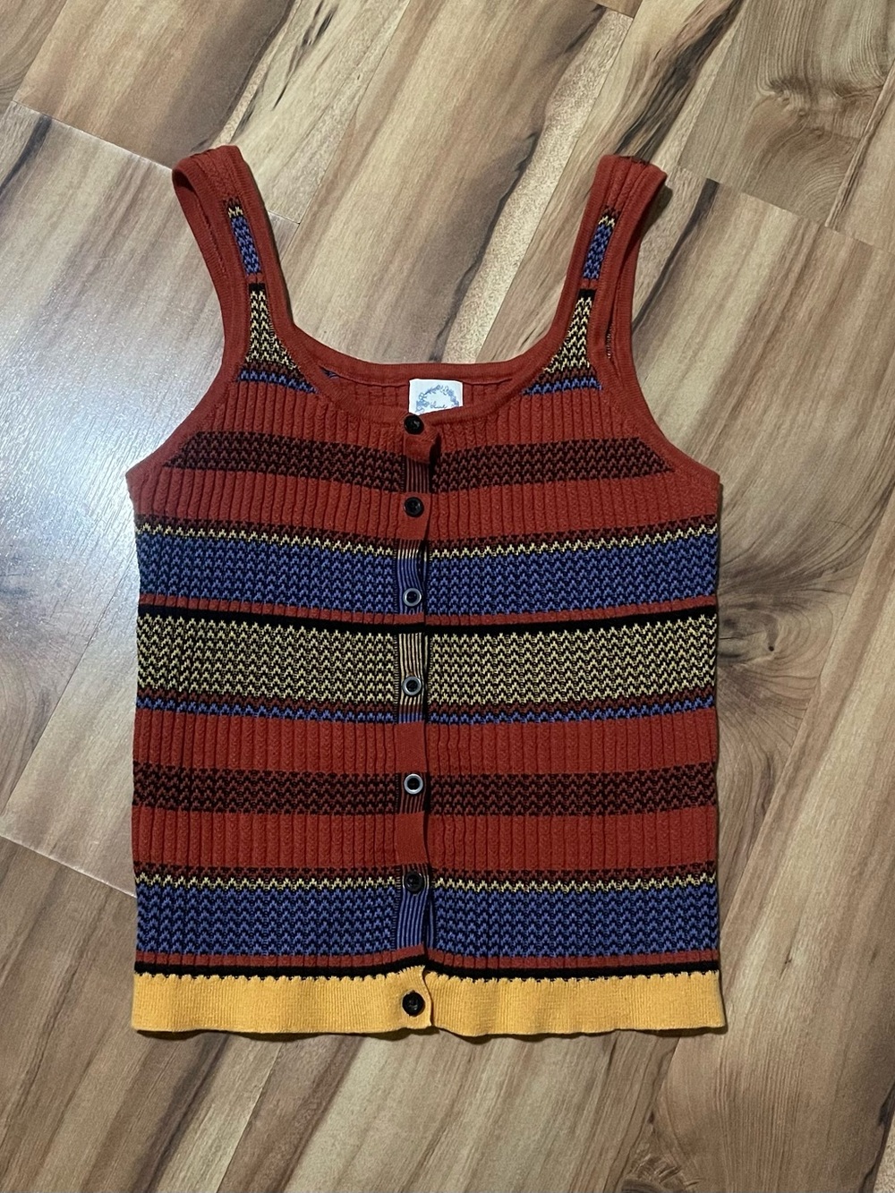 Retro Boho Blue Rain Striped Ribbed Tank Top With Yellow Hem XS